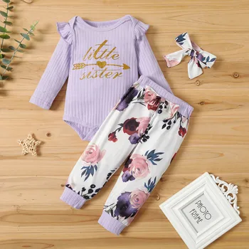 

3pcs Baby Girl Sweet Floral Baby's Sets Long-sleeve Autumn Infant Baby Clothes Outfits Romper