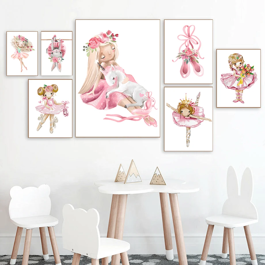 

Cute Ballet Girl Rose Flowers Rabbit Unicorn Nordic Posters And Prints Wall Art Canvas Painting Wall Pictures Kids Room Decor