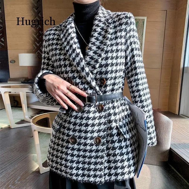 Winter Jacket New Korean Version with Waist Bag Houndstooth Woolen Autumn Thick Loose Caot