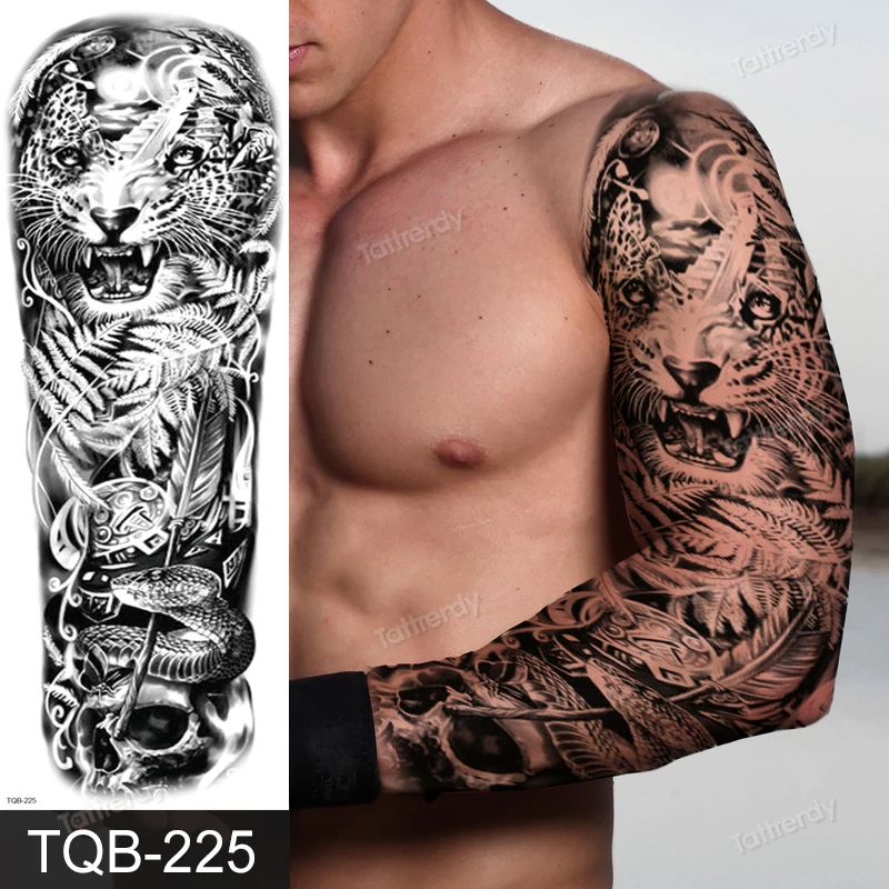 Tattoos full arm temporary large black totem trial boys fake waterproof skull lion sleeve tattoo stickers body art makeup tattoo sticker temporary tattoos makeup stickers tattoo sleeve