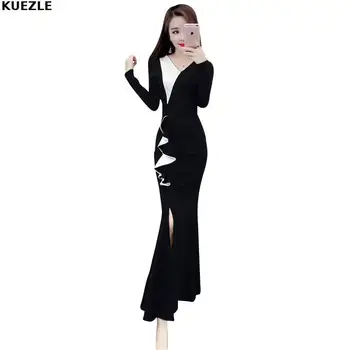 

Black and white stitching dress 2020 new lotus leaf summer long sleeve elegant Maxi Dresses vintage vestidos Vrouwen L fishtail