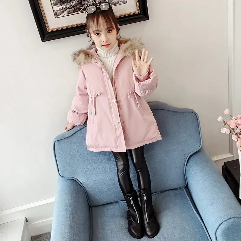 Коллекция года, модная Детская меховая парка для девочек зимняя куртка для девочек-подростков, теплая Плотная хлопковая стеганая корейская детская одежда с капюшоном - Цвет: Розовый