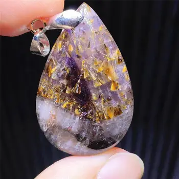 

Genuine Natural Cacoxenite Gold Rutilated Quartz Pendant 33x21x7mm Canada Auralite 23 Water Drop Women Men Necklace AAAAA
