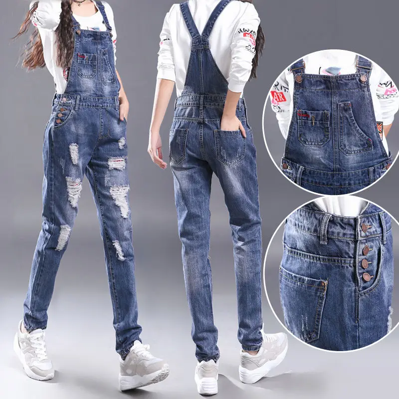 

Denim Bib Women's Autumn New Loose Korean Style Slim Slimming Straight Hole High Waist Jump Suits for Women Dungarees Woman