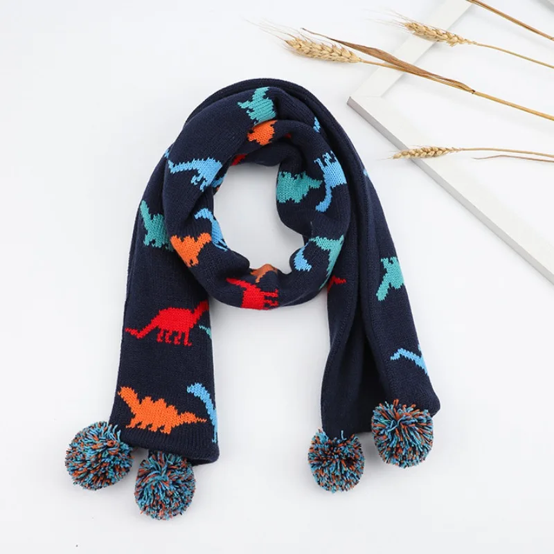 Toddler Baby Boy Scarf Winter Kids Dinosaur Fleece Lining Autumn Knit Warm Accessory Thick Acrylic Long Skiing Outdoor Scarves