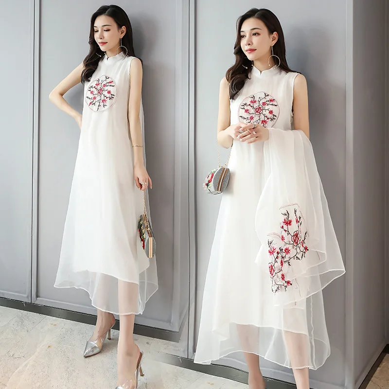 

2019 Spring And Summer WOMEN'S Dress Embroidery Very Fairy of Chinese-style Nation Retro Long Skirts Two-Piece Dress Shawl
