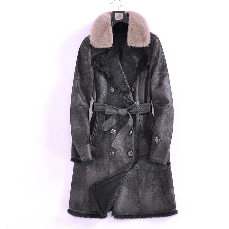 

2019 New Fashion Mink Fur Collar Turn-Down Collar With Belt Thin Long Coat For Office Ladies