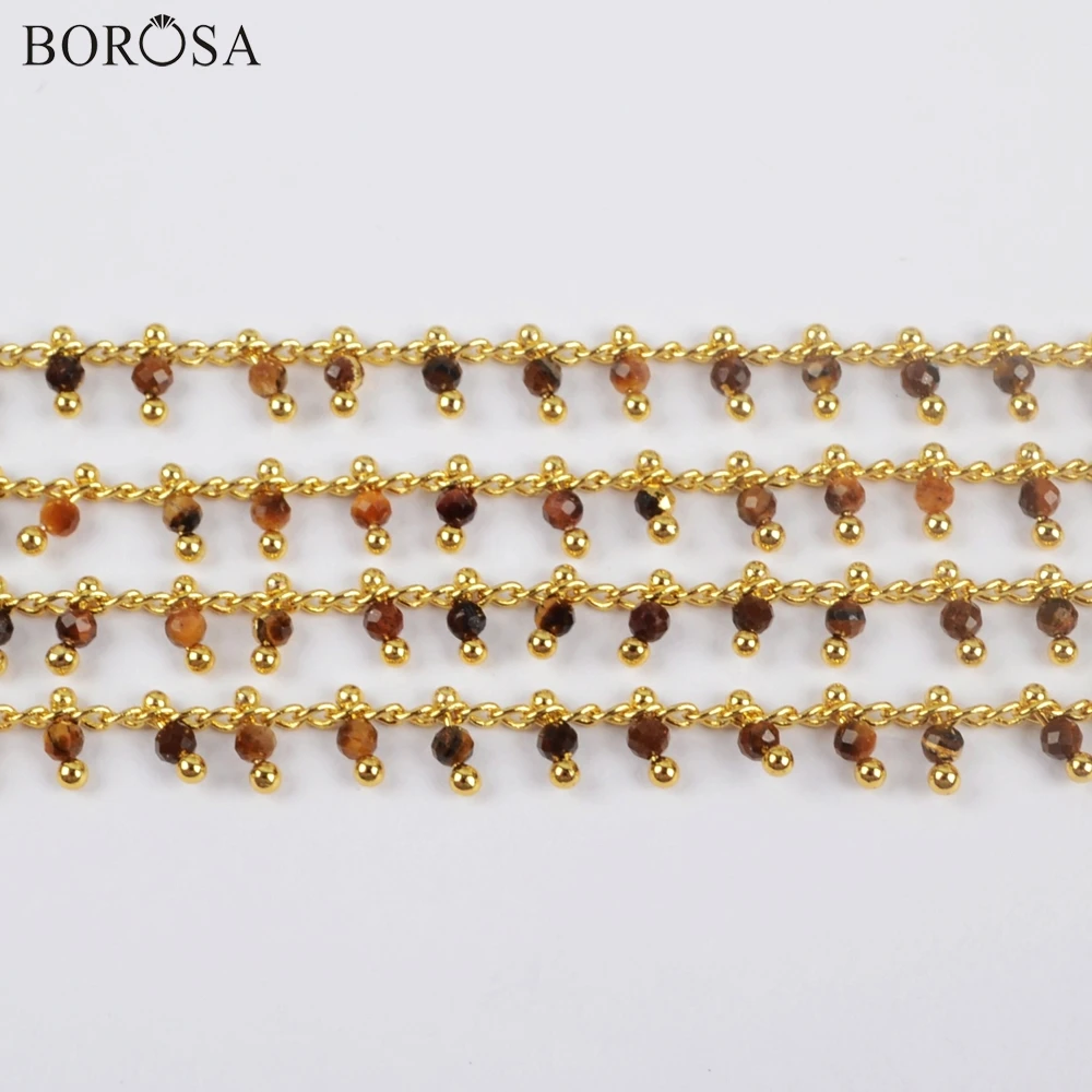 

BOROSA Gold/Silver Plating 3Meters 2mm Tiger's Eye Beads Faceted Brass Chains Natural Gems Stone Beads Chains Rosary Chain JT261