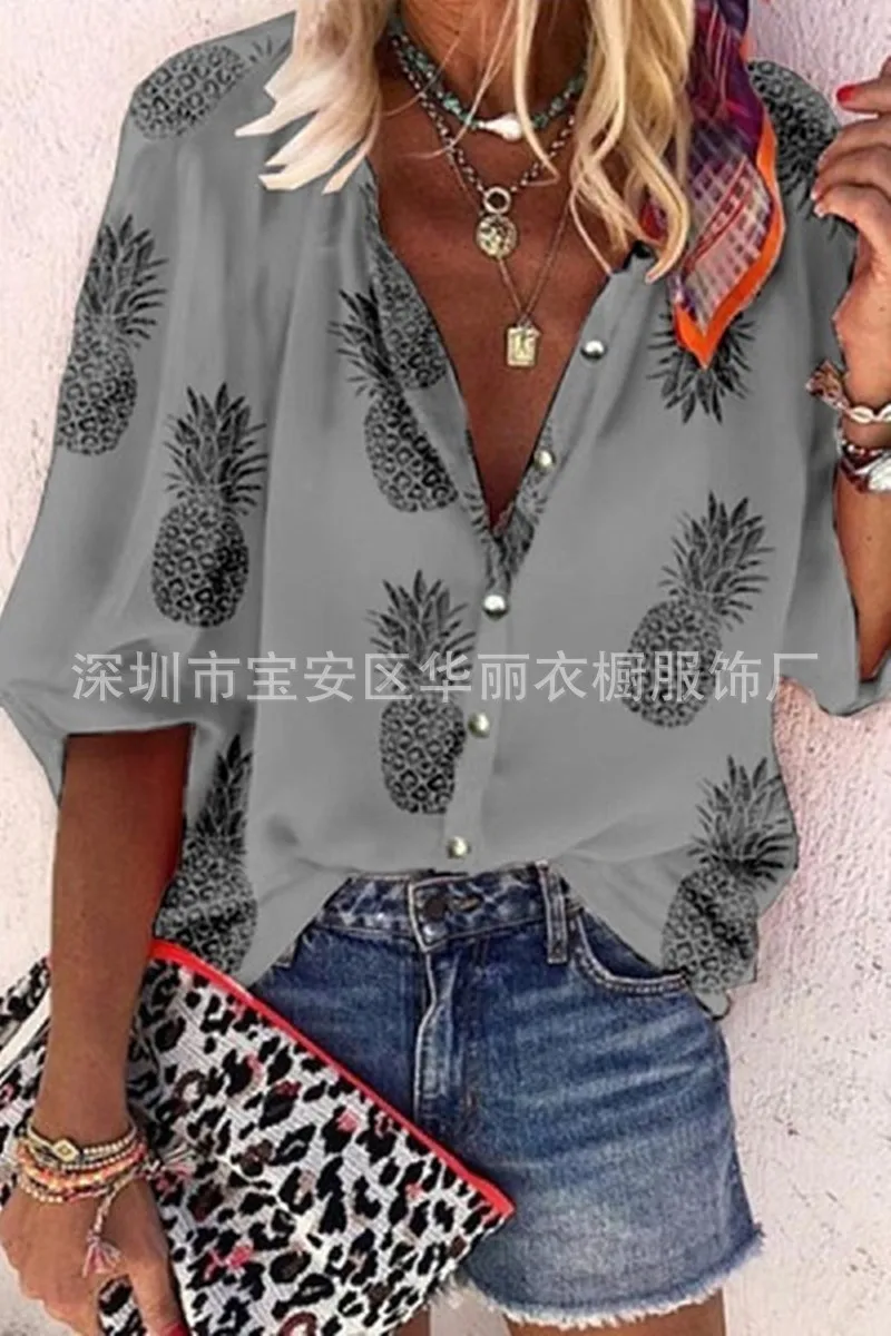 Floral Print V-neck Blouses And Tops With Button Big Size Women Clothing 5XL Plus Size Women Tunic Shirt Autumn - Цвет: 004