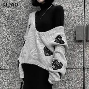 

XITAO Love Patchwork V Neck Knitted Top Women Clothes 2019 Winter Casual Short Match All Full Sleeve Sweater Knitted XJ2674