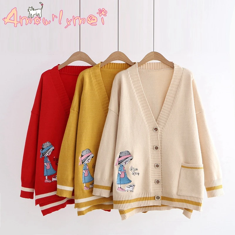 Autumn Winter Women Knit Sweater Cardigan Mori Girl Cute Cartoon Embroidered Loose V-neck Long Sleeve Sweater Outerwear