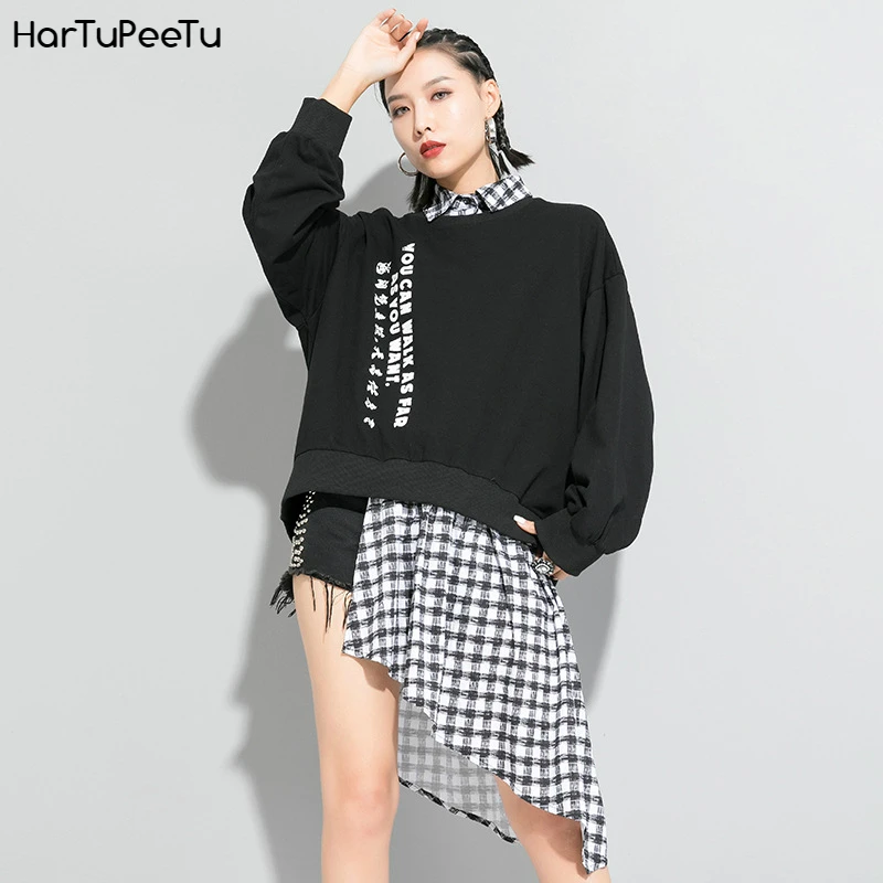 

Fake Two Pieces Irregular Plaid Shir Spring Women T-shirt Clothing Print Chinese Words Pullover Long Sleeve Streetwear Tide 2020