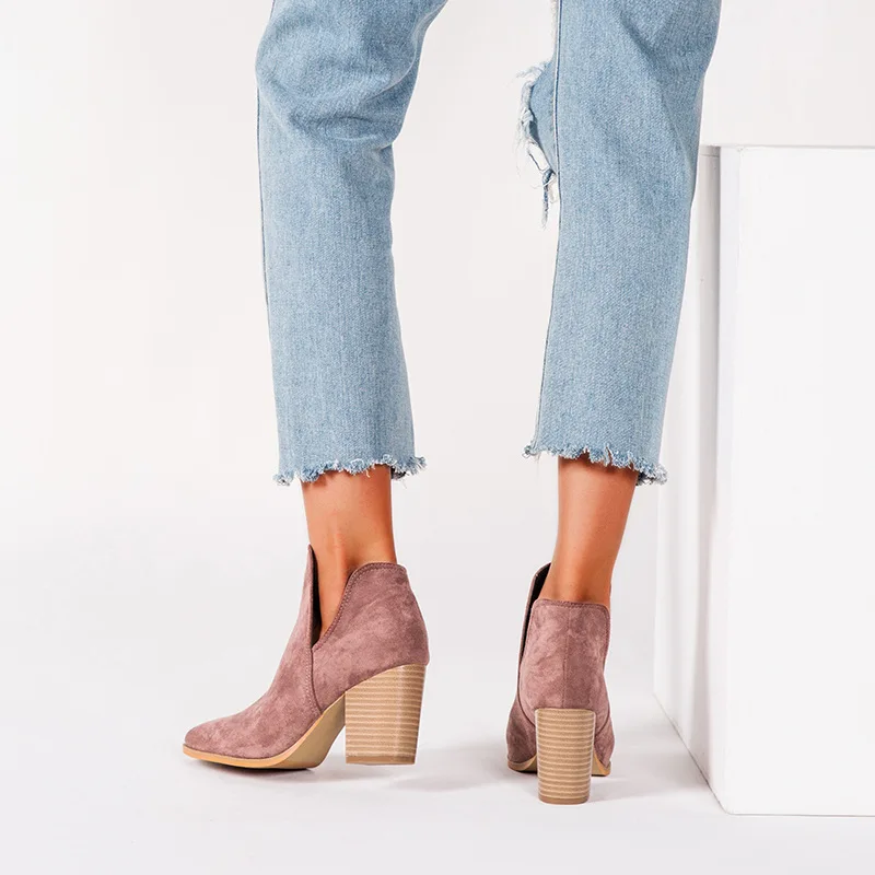 New Sexy Short Western Cowboy Boots Women Flock Chunky High Heels Casual Street Booties Slip on Ankle botas Shoes