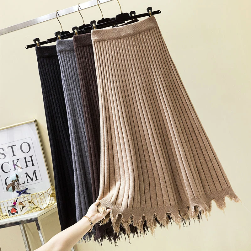 

Women High Waist Elastic Autumn Winter Skirt Knitted Pleated Slim Female Skirt Ladies With Tassels Solid Elegant Skirts