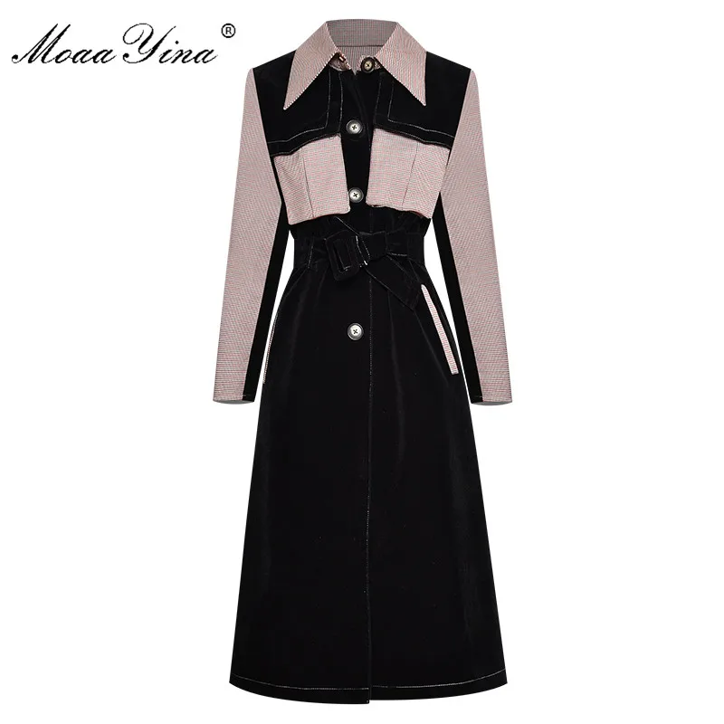 

MoaaYina Fashion Designer Runway Long Windbreaker Houndstooth Long sleeve Patchwork Velvet Windbreaker Coat