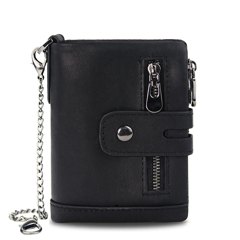 Black with Chain Модный женский кошелек из натуральной кожи, женские кошельки на застежке с двойной молнией, дизайнерский Кошелек для монет, ID держатель для карт, тонкий кошелек унисекс - Цвет: Black with Chain