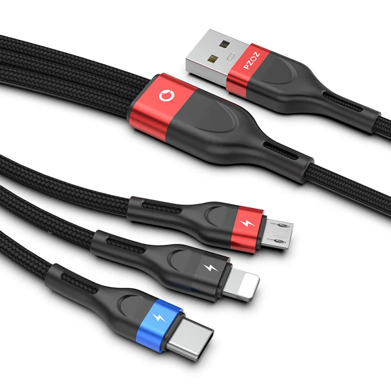 PZOZ 3 в 1 USB кабель для iphone Xiaomi Sunung Micro usb type C кабель для зарядного устройства type-c кабель для быстрой зарядки кабель для зарядного устройства - Цвет: Черный