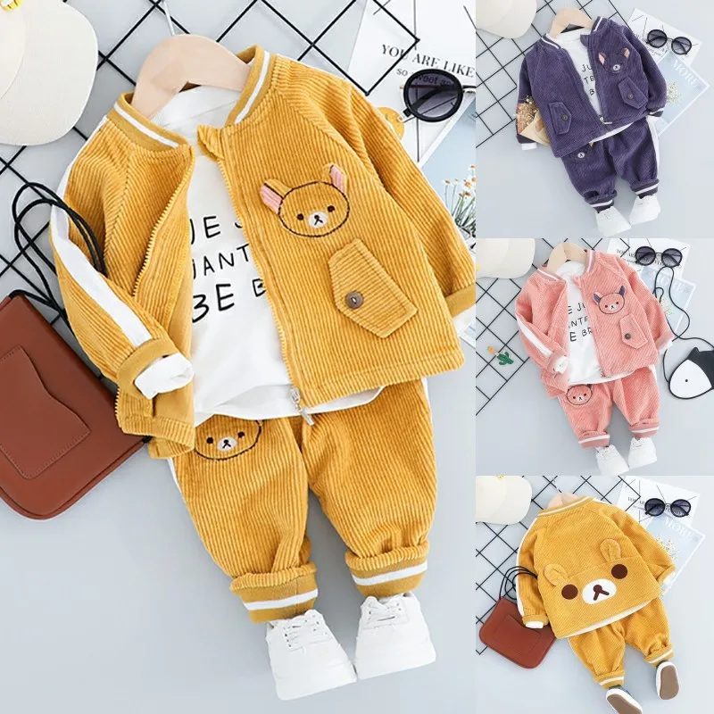 Детский костюм г. Новая осенняя одежда для мальчиков вельветовый комплект из 3 предметов с рисунком медведя, Детская куртка, футболка+ брюки, костюм
