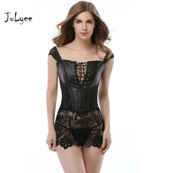 

JULYEE Women Court Shapers Leather Solid Slash Neck Lace up Hollow Out Patchwork Lace Zipper Sexy Shapewear
