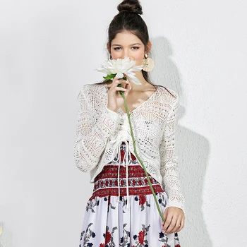 

ITOOLIN Beige Spring Casual Hollow Out Knitted Tops Sweater V Neck Drawstring Pullover Cropped Solid Tops Spring Shirt Pullovers