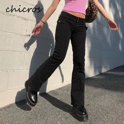 Chicros carga calças femininas super elástico jeans cintura alta calças de brim flare algodão comprimento total