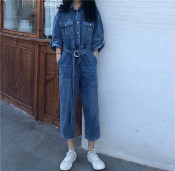 

Women Denim Jumpsuit Romper Long Sleeve Women Loose Lapel Single-breasted Jeans Jumpsuit Ladies Denim Pants Wide Leg Overalls