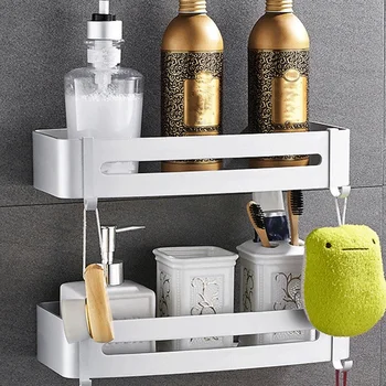 

ELEG-2Pcs Space Aluminum Bathroom Corner Shelf Cosmetic Rack Wall Mount Storage Rack Bath Towel Rack Toilet Multi-Function Stora
