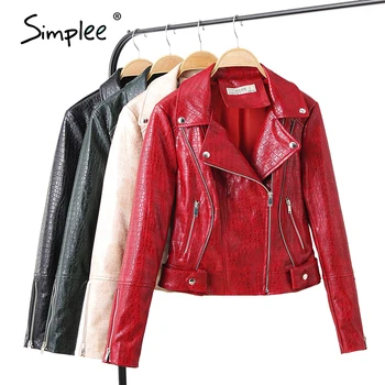 

Simplee Spring and summer faux leather women coat Handsome locomotive leather lapel jacket Fashion crocodile skin zipper jacket