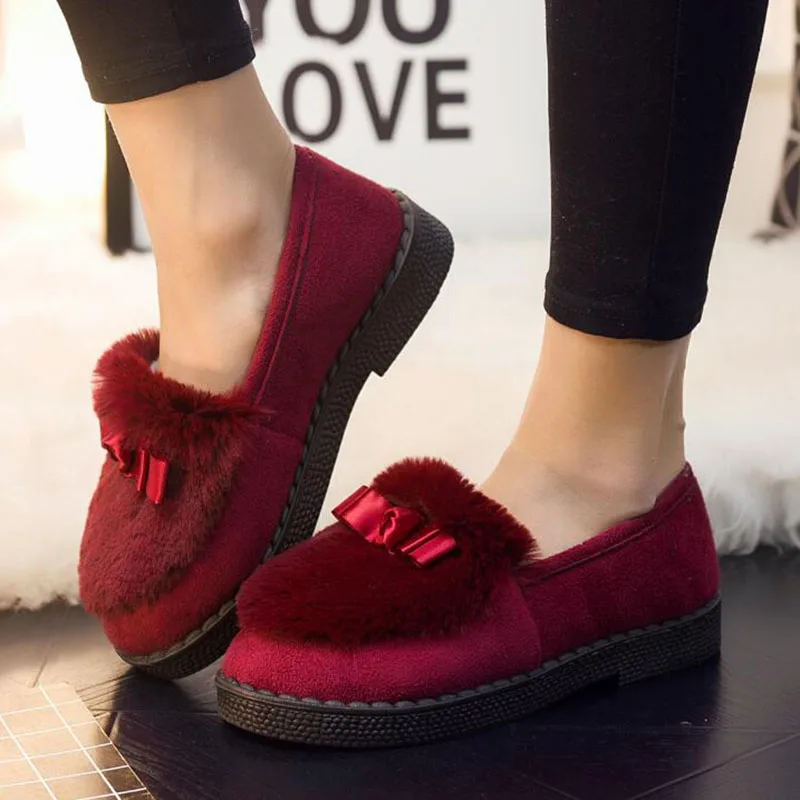 Ballet Flats Loafers Shoes Woman Women Lovely Comfort Autumn Winter Warm Bow Fur Zapatos-De-Mujer