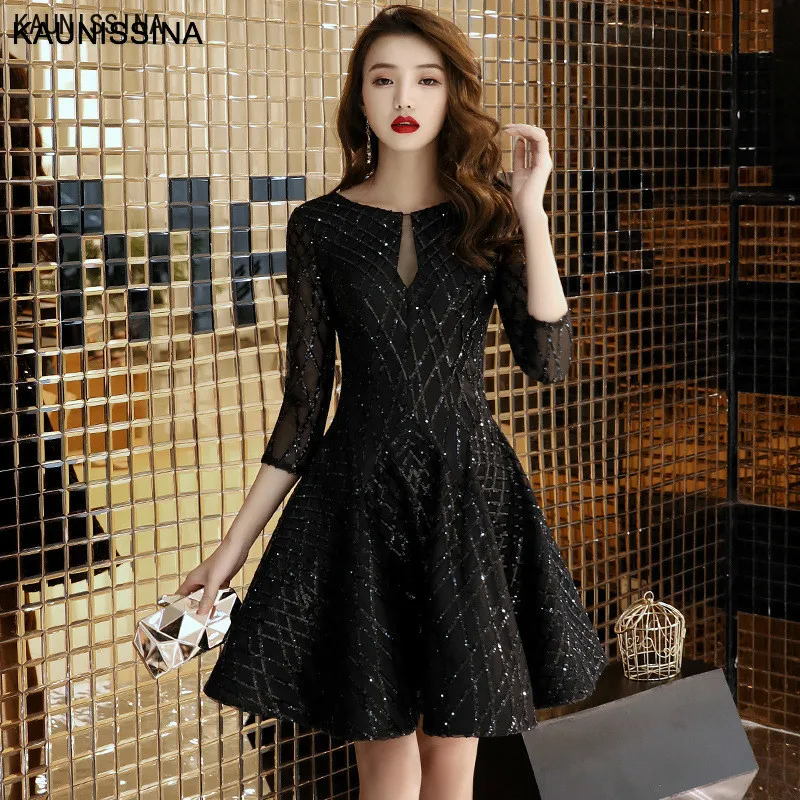 Kakissina de cóctel con lentejuelas, ropa de fiesta negra, manga 3/4, corto, para banquete, fiesta, graduación, vestidos de Homecoming|Vestidos de cóctel| AliExpress