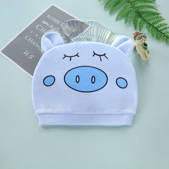 Four Seasons Kids Newborn Baby Hats 100% Cotton Cap 40 Color Cartoon Cute Printed Hat Suitable for 0-12 Months Baby Accessories piggy blue