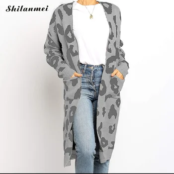 

Autumn Winter Women Knitted Cardigan Fashion 2019 Long Sleeve Leopard Sweater Coats Pockets Loose Causal Ladies Long Outerwear