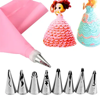 

10pcs/set Wedding Cake Decorating Icing Stainless Steel Russian Nozzles Skirt Cake Nozzles Piping Tips Pastry Silicone Cake Bags
