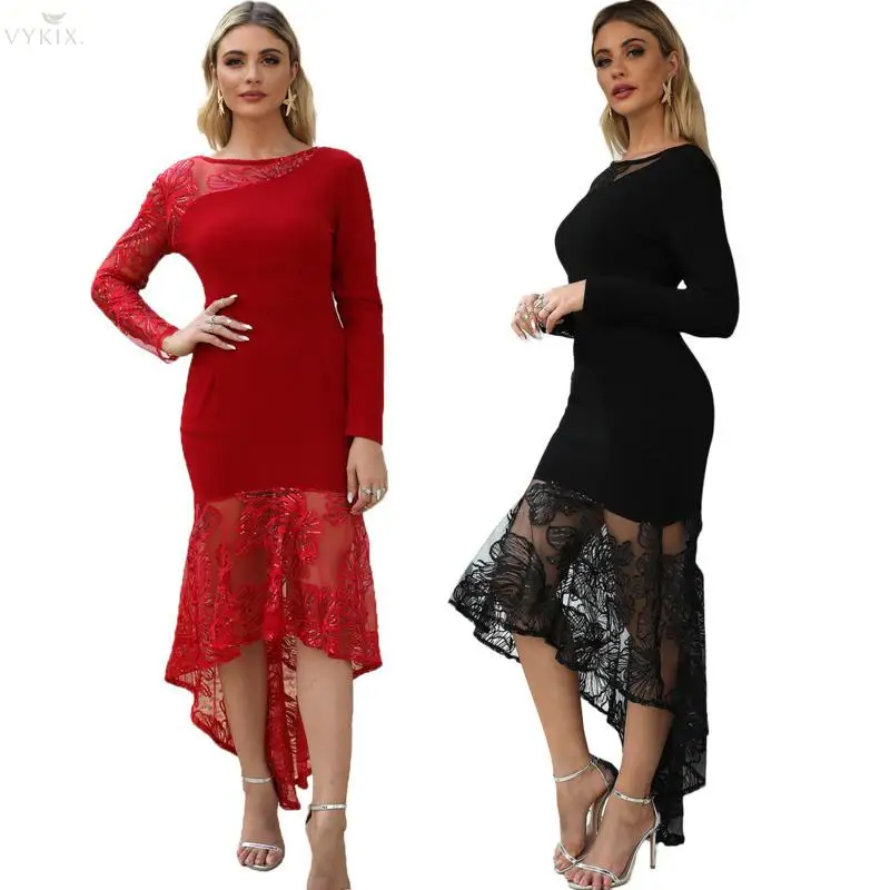 Women Dress O Neck Bodycon Dress Long Sleeve Sequin Dress Patchwork Asymmetrical Midi Dress Vestidos Party Dresses Women Evening
