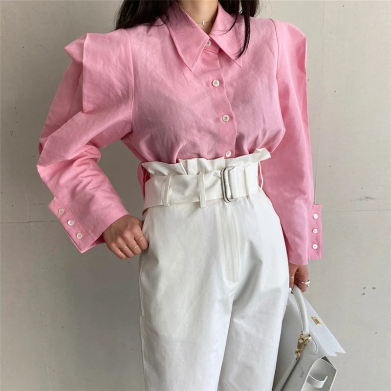

Womens Pink Blouses Spring Autumn Casual Vintage Loose Shoulder Pads Turn-down Collar Puff Sleeve Office Ldies Females Top
