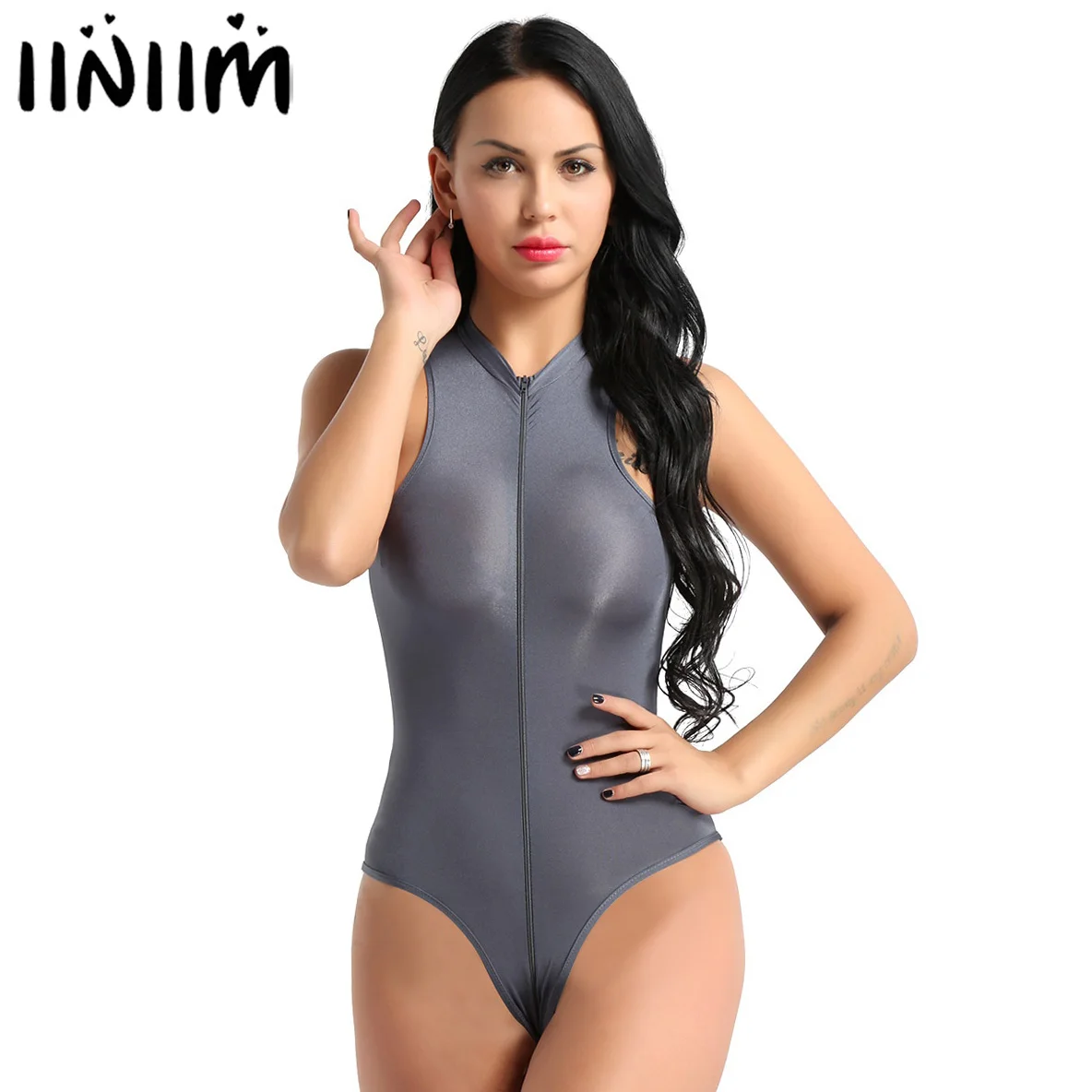 

Women Erotic One Piece See Through Sheer Slim Fit Lingerie Mock Neck Sleeveless High Cut Zippered Sexy Thong Leotard Bodysuit