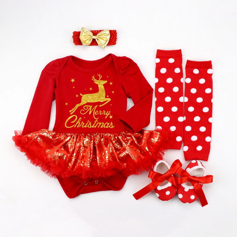 Рождественские комплекты одежды из 4 предметов для новорожденных девочек и мальчиков комбинезон, платье+ повязка на голову+ обувь+ гетры, 11 стилей одежды - Цвет: A