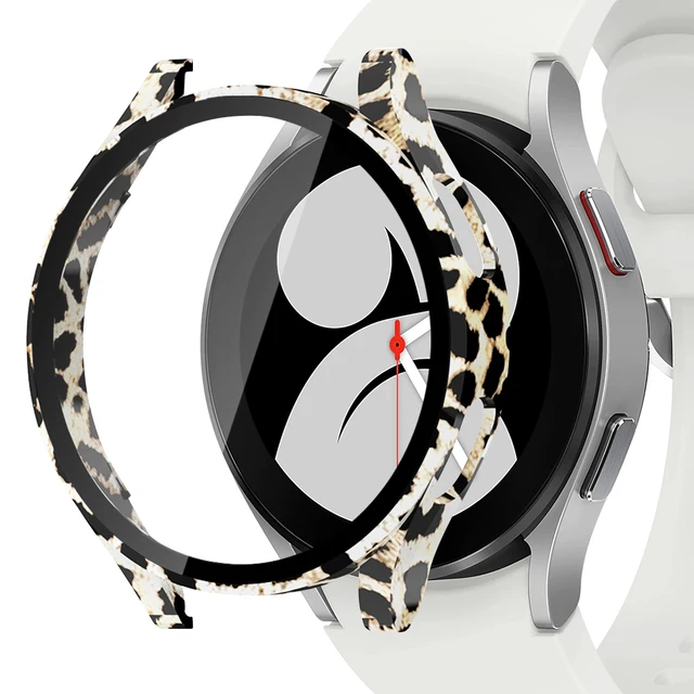 Tempered Glass+Matte Watch Cover for Galaxy Watch 4 Case 44mm 40mm，Bumper Full Screen Protector for Samsung Galaxy Watch4 Yellow Leopard