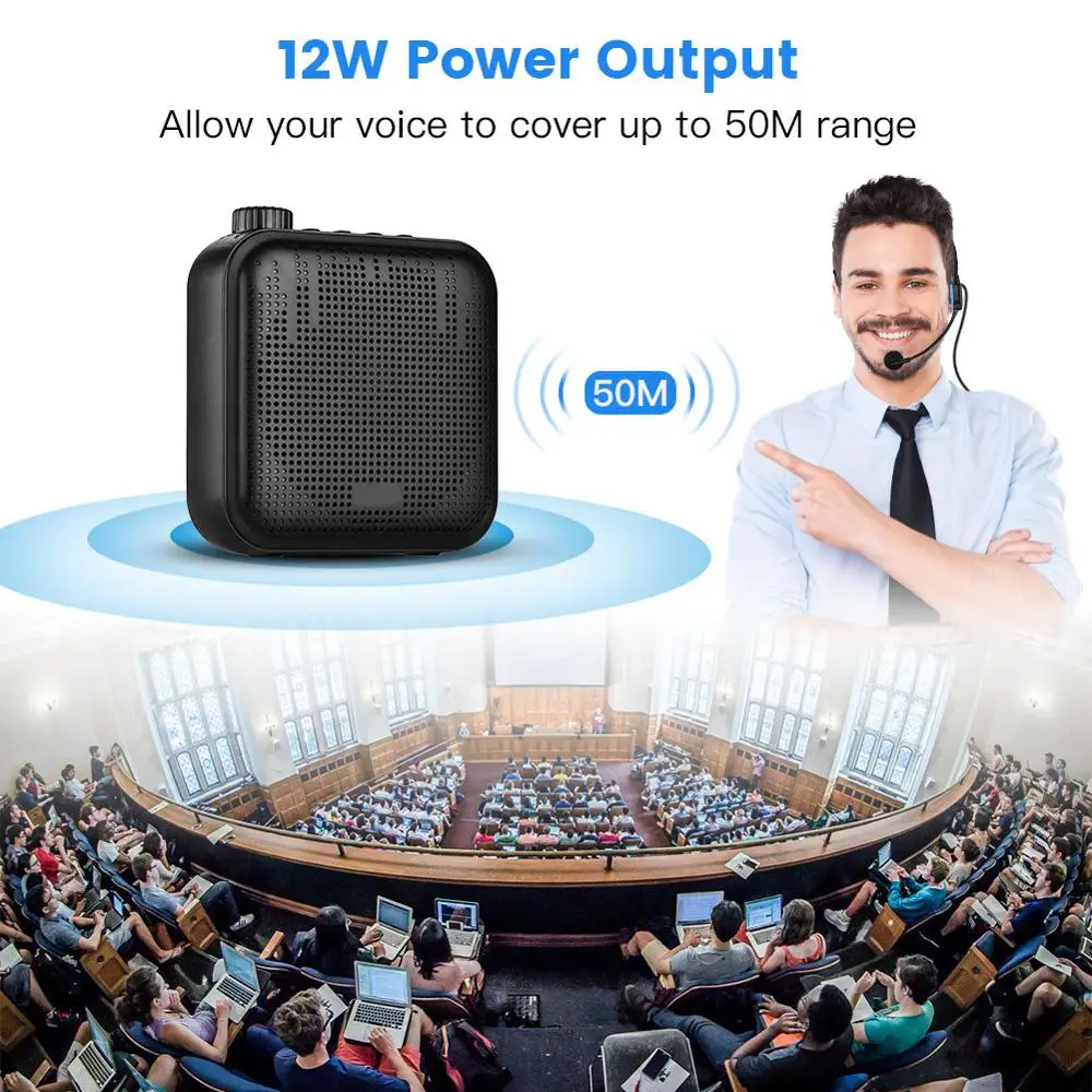 Portable Mini Sound-amplifying Music Playing Wired Microphone Headset Waistband 2000mAh Battery 12W Voice Amplifier 5