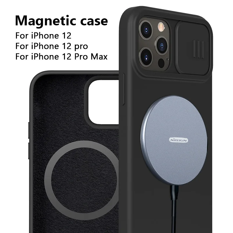 NILLKIN Magnetic Case For iPhone 12 Pro Max Liquid Silicone Soft Case Slide Camera Protect Privacy Back Cover for iPhone 12 Pro