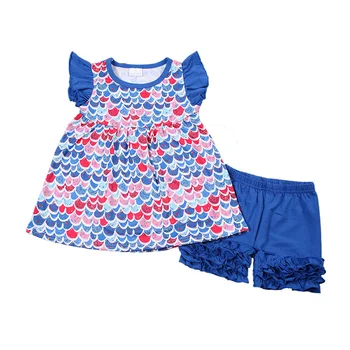

Summer Boutique Hot Selling Kids Baby Cotton Clothes Sets Fish Scale Pattern Girls' Clothing Sets Short Sleeve Dress+Pants 2Pcs