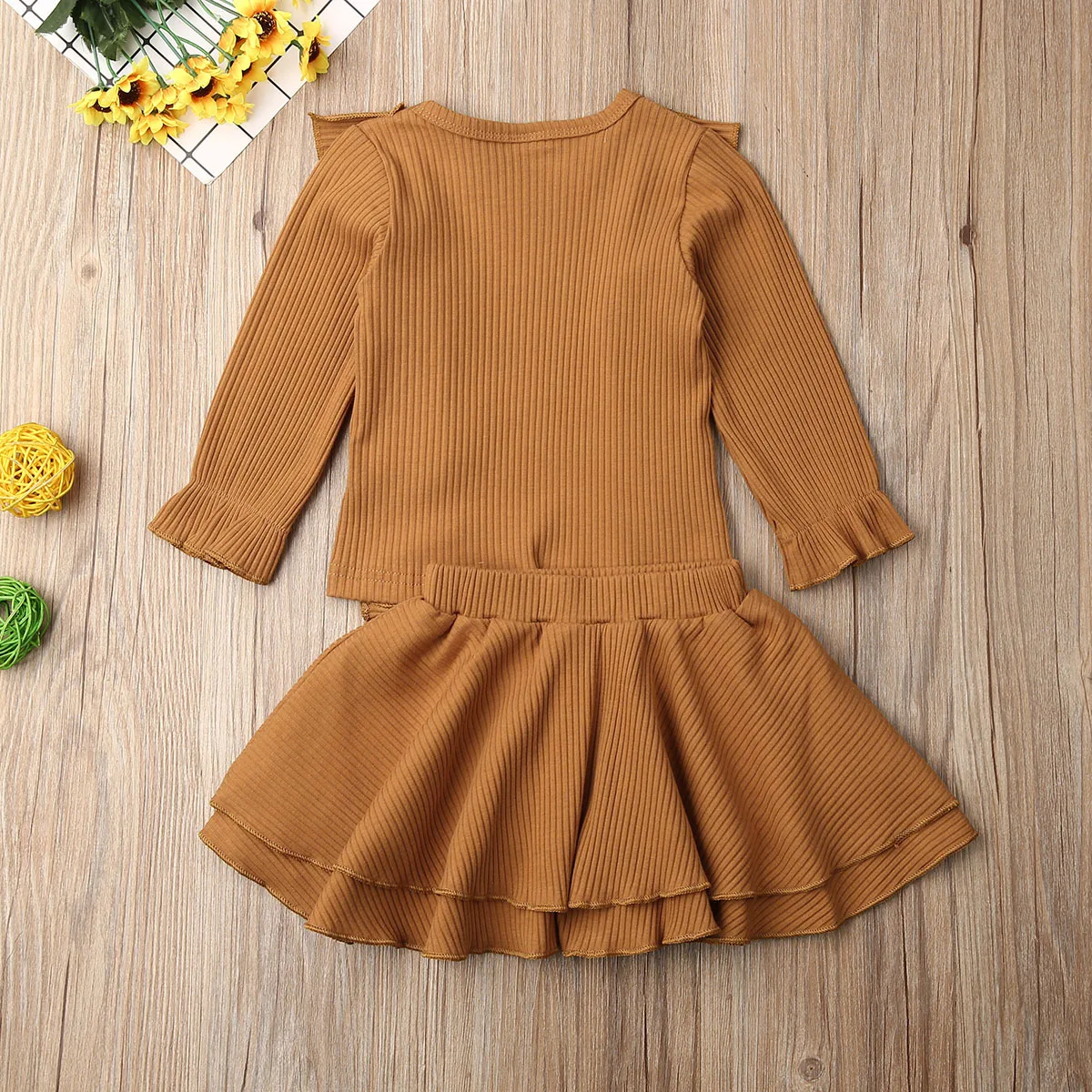 0-24M Cute Newborn Baby Girl Solid Color Long Sleeve Ruffles T-shirt Tops A-line Skirt 2PCS Outfits Baby Clothing Set