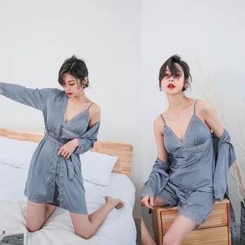 

Women's pajamas four-piece set Sling short bathrobe shorts suit chest pad sleepwear pijamas nightgowns nightdress robes