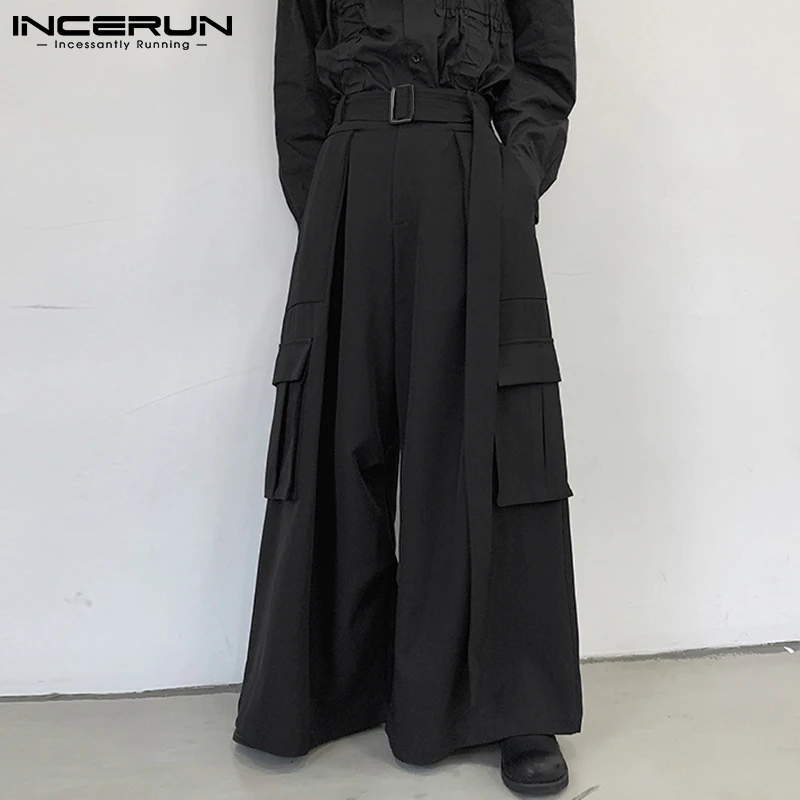 Men's Party Pantalons Wide-leg Trousers Male Belt Solid All-match Simple Trousers Overalls S-5XL INCERUN