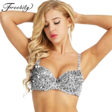 Women Fashion Sparkle Sequins Beading Padded Bra Top for Raves Dances Club Wear Belly Dancing Costume Party Top Bra