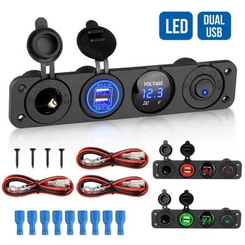 

1pc Dual USB Car Lighter Socket Splitter Power Adapter Charger Voltage Display Outlet 12/24V 4 Port For Truck Boat Accessories