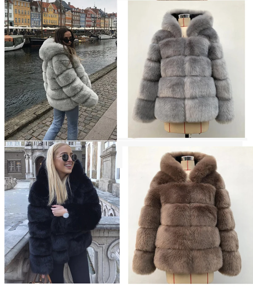 Модное зимнее плотное теплое пальто из искусственного меха для женщин, большие размеры, куртка с капюшоном и длинным рукавом из искусственного меха, Роскошные зимние меховые пальто Bontjas