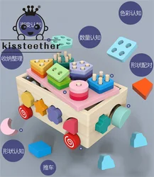 Kissteether rompecabezas de madera multifuncional, forma de inteligencia cognitiva, juego de bloques de construcción de Color de coche de columna, juguete de coche