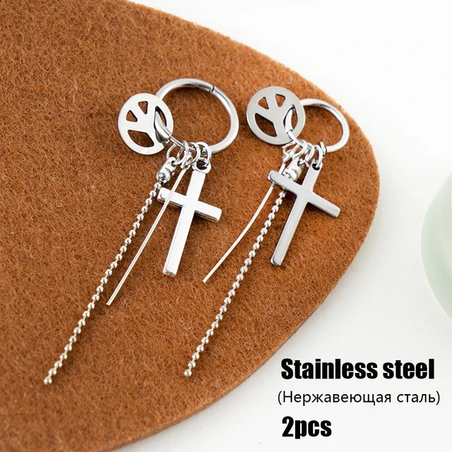 Fashion Men's Stainless Steel Cross Pendant Cartilage Drop Dangle Earrings Punk Jewelry for Cool Women Girl Friendship Gifts AR099