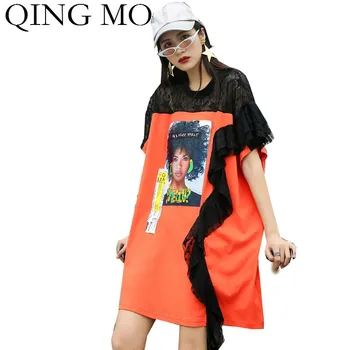 

QING MO Orange Green Women Character Dress 2020 Summer Women Lace Patchwork Dress Female Casual Loose Dress ZQY3711